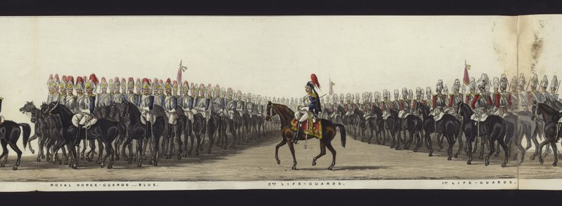 Parte da visão panorâmica de toda a procissão fúnebre de Arthur, Duque de Wellington (aquatinta colorida) de Henry Jr and Sala Alken