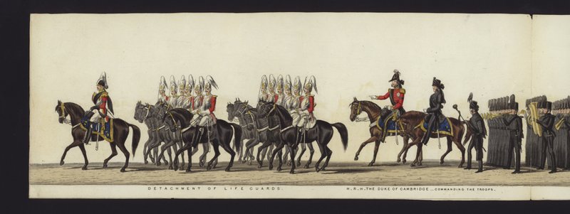 Parte da visão panorâmica de toda a procissão fúnebre de Arthur, Duque de Wellington (aquatinta colorida) de Henry Jr and Sala Alken