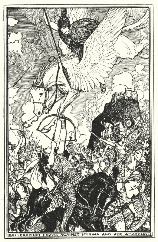 Bellerophon luta contra Myrina e as suas Amazonas (litho) de Henry Justice Ford