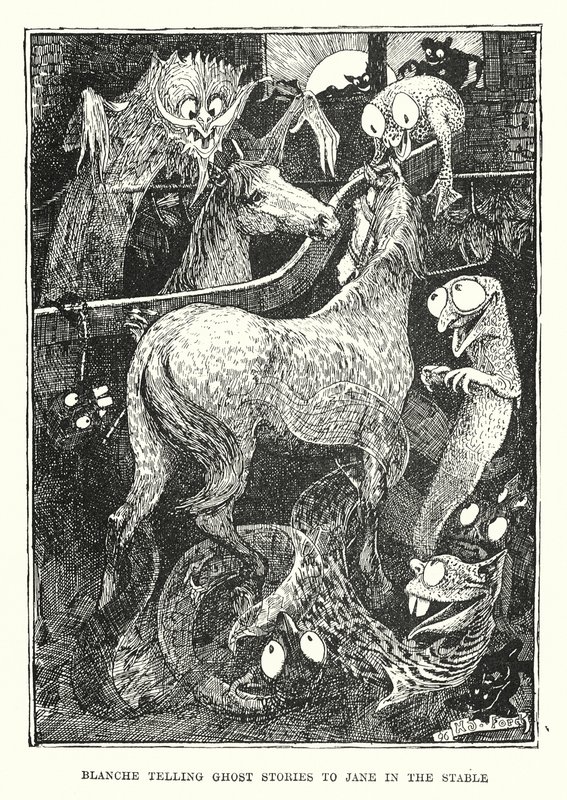 Blanche a contar histórias de fantasmas a Jane no estábulo (gravura) de Henry Justice Ford