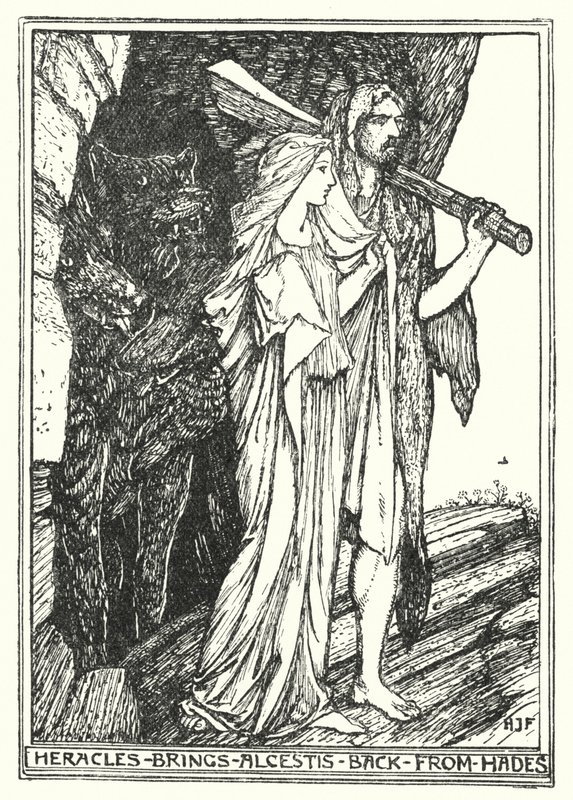 Heracles traz Alcestis de volta de Hades (litho) de Henry Justice Ford