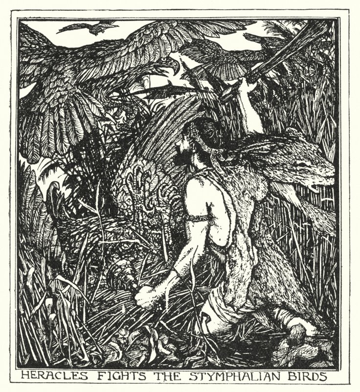 Heracles luta contra as aves Stymphalian (litho) de Henry Justice Ford