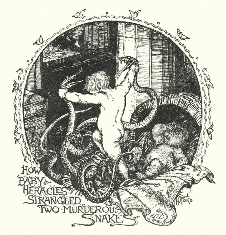 Como o Baby Heracles estrangulou duas cobras assassinas (litho) de Henry Justice Ford