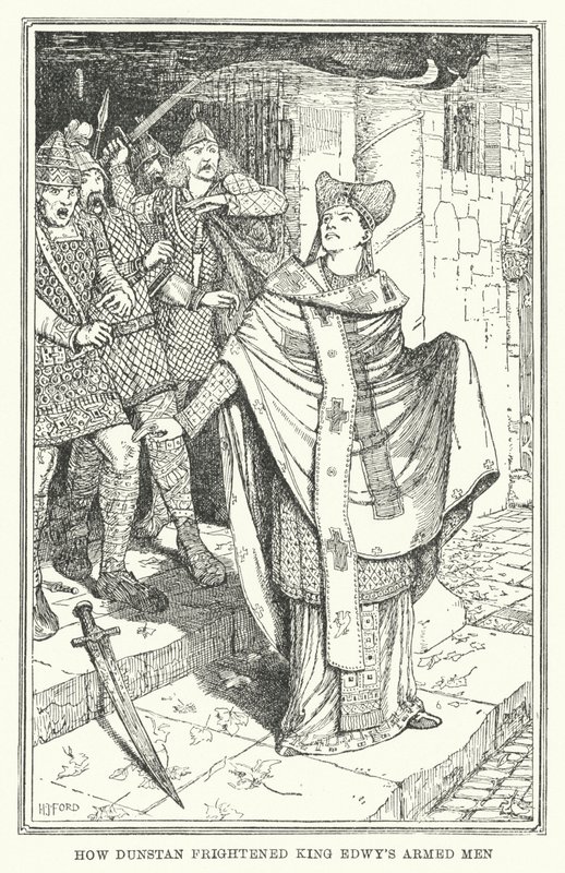 Como Dunstan assustou os homens armados do Rei Edwy (litho) de Henry Justice Ford