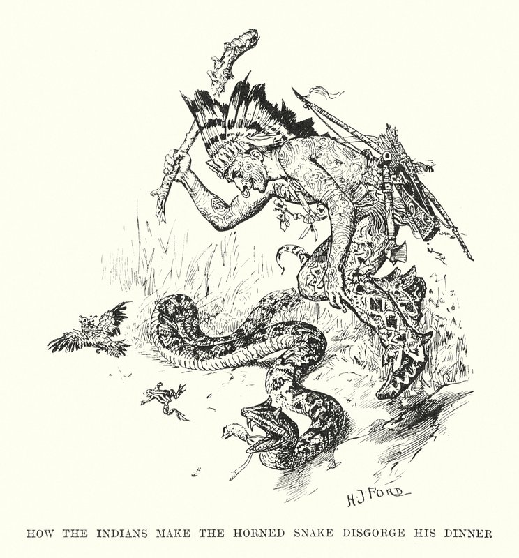 Como os índios fazem a cobra chifruda vomitar o seu jantar (gravura) de Henry Justice Ford