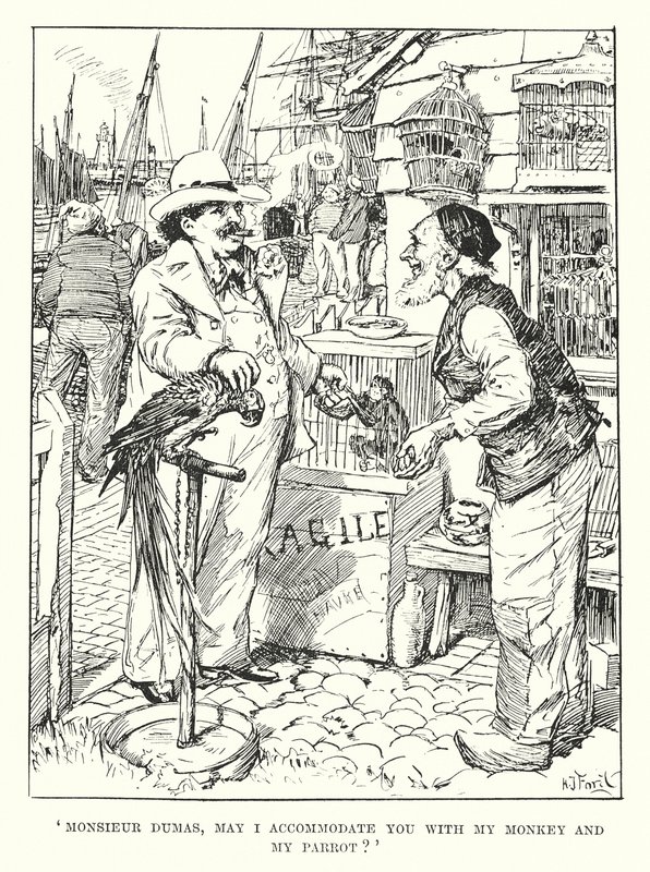 Monsieur Dumas, posso alojar-vos com o meu macaco e o meu papagaio" (gravura) de Henry Justice Ford