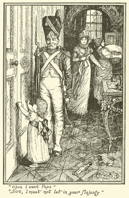 "Abre, quero o papá". "Senhor, não devo deixar entrar Vossa Majestade" (gravura) de Henry Justice Ford