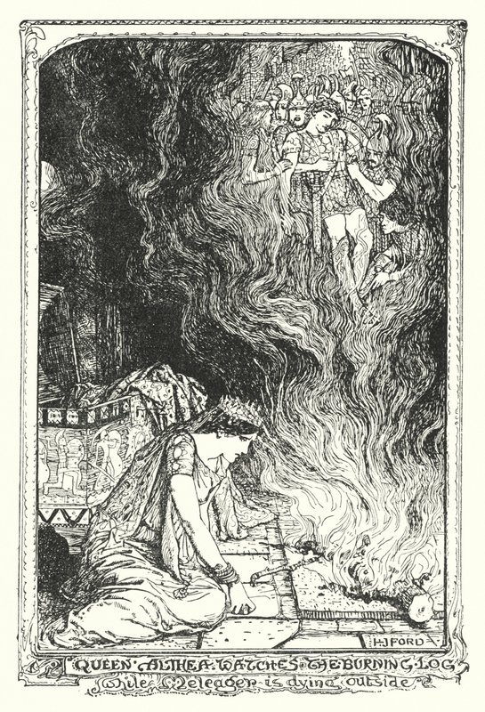 A rainha Althea observa o tronco em chamas enquanto o Meleager está a morrer lá fora (litho) de Henry Justice Ford