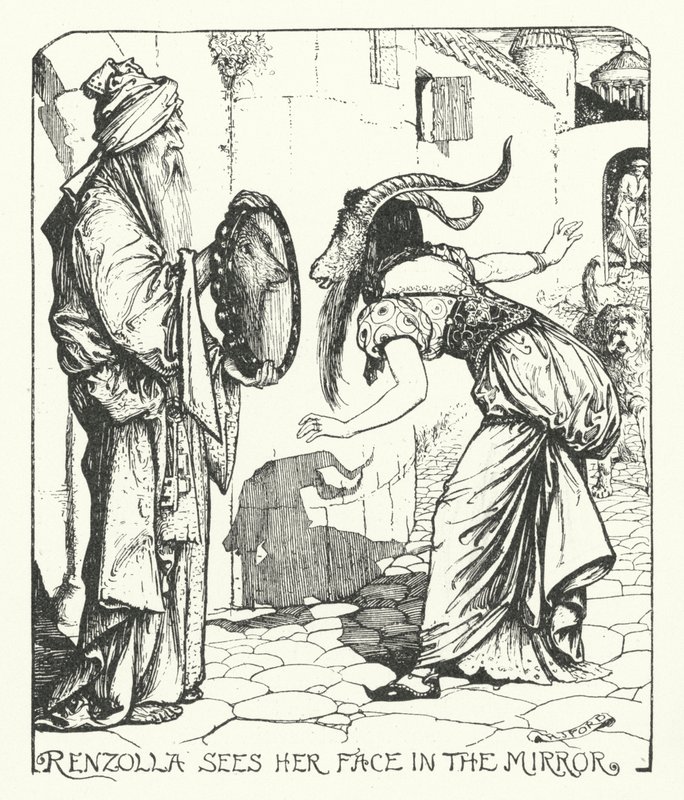Renzolla vê o seu rosto no espelho (gravura) de Henry Justice Ford