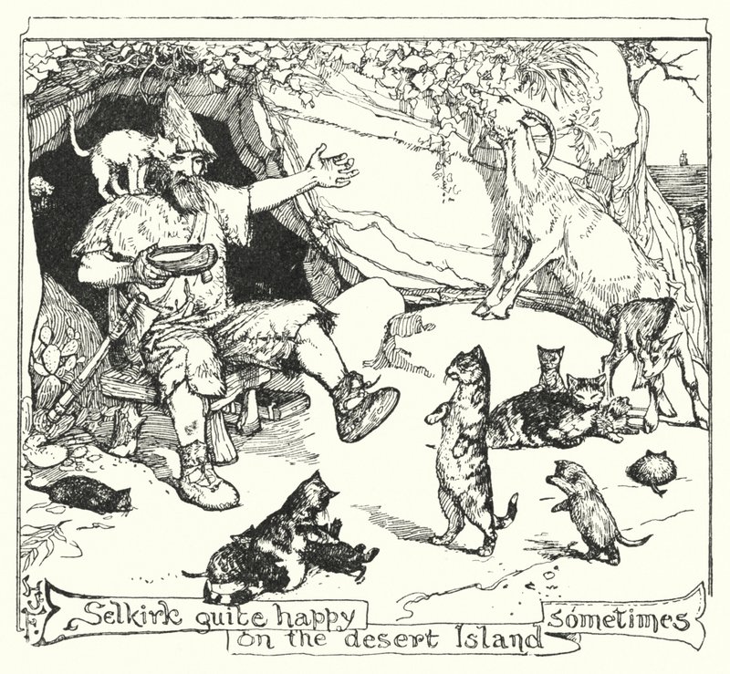 Selkirk bastante feliz na ilha deserta às vezes (litho) de Henry Justice Ford
