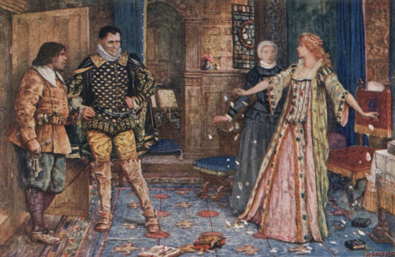 Dizendo isso, ela rasgou a carta de Leicester e carimbou-as quando elas caíram no chão (cor litho) de Henry Justice Ford