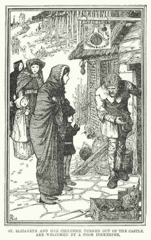Santa Isabel e os seus filhos, expulsos do castelo, são acolhidos por um pobre estalajadeiro (litho) de Henry Justice Ford