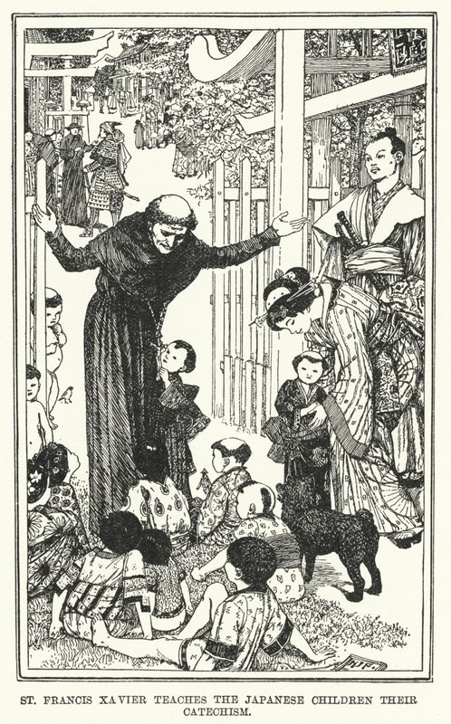 São Francisco Xavier ensina às crianças japonesas o seu catecismo (litho) de Henry Justice Ford