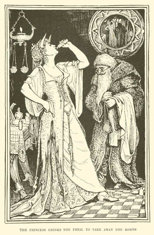 A princesa bebe o frasco para tirar os chifres (gravura) de Henry Justice Ford