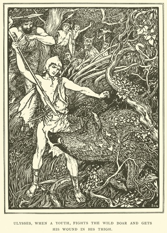 Ulisses, quando um jovem, luta contra o javali e recebe sua ferida na coxa de Henry Justice Ford