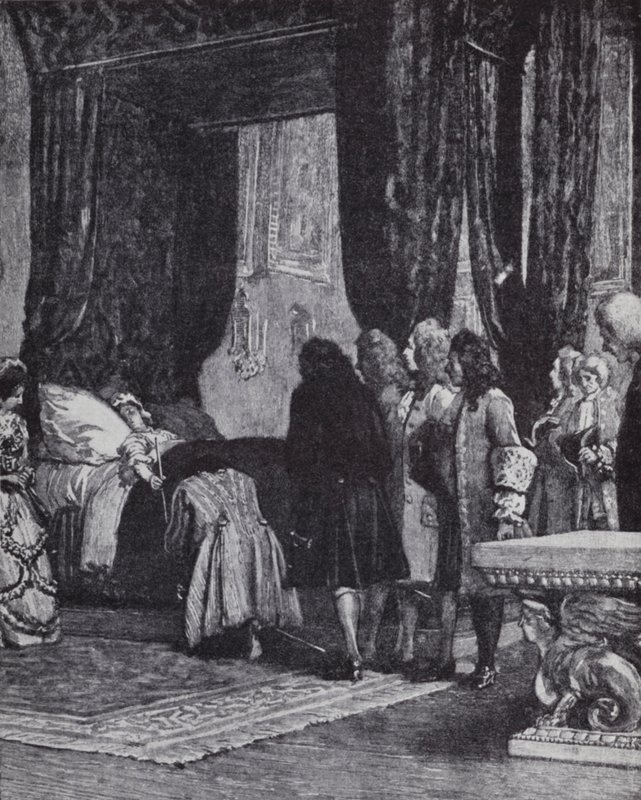 A Rainha Ana no seu leito de morte nomeia o Duque de Shrewsbury como Lord Treasurer de Henry Marriott (after) Paget