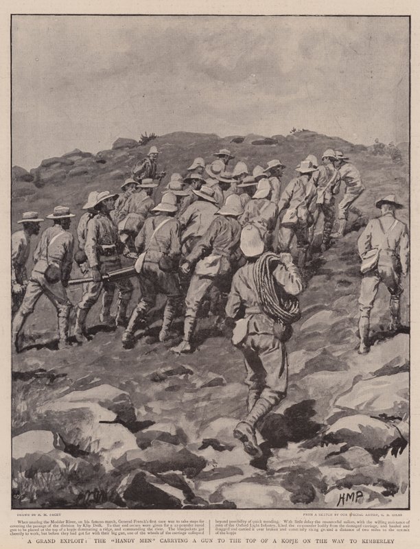 Uma grande exploração, os homens úteis carregando uma arma até o topo de Kopje a caminho de Kimberley de Henry Marriott Paget