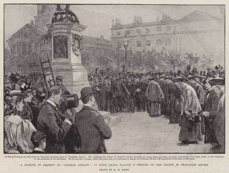 Um tributo de respeito ao chinês Gordon, Li Hung Chang colocando uma coroa de flores na estátua em Trafalgar Square de Henry Marriott Paget