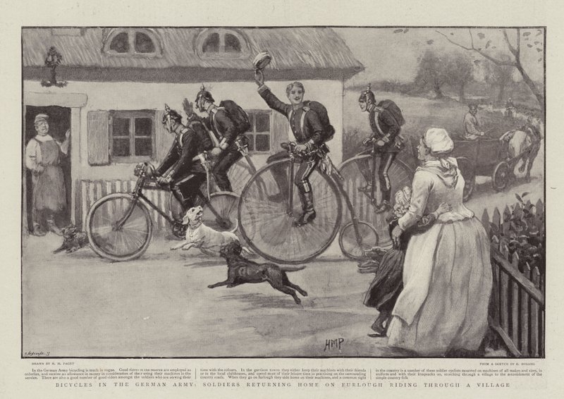 Bicicletas no exército alemão, soldados voltando para casa em Furlough andando por uma aldeia de Henry Marriott Paget