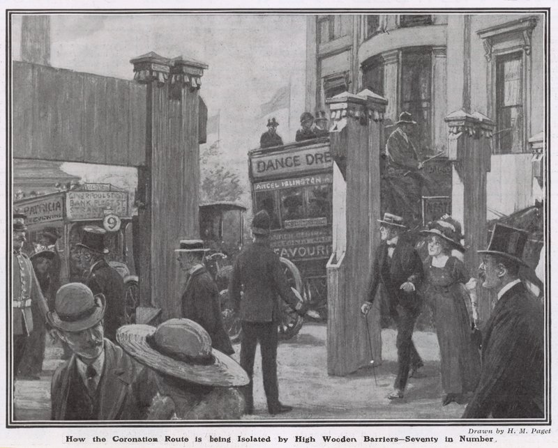 Como a rota de coroação está sendo isolada por barreiras altas de madeira de Henry Marriott Paget