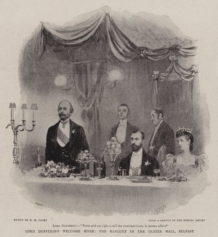 A casa de boas-vindas de Lord Dufferin, o banquete no salão do Ulster, Belfast de Henry Marriott Paget