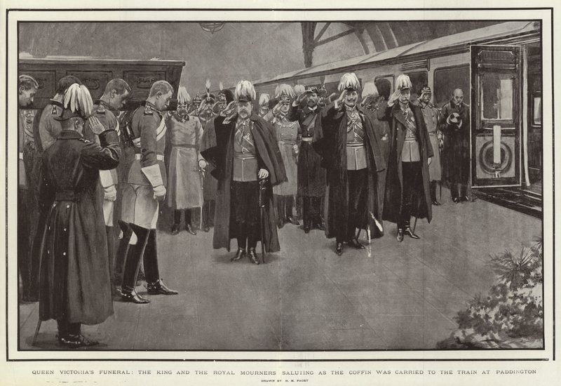 Funeral da Rainha Vitória, o Rei e os Enlutados Reais, saudando como o Caixão foi levado para o Trem em Paddington de Henry Marriott Paget