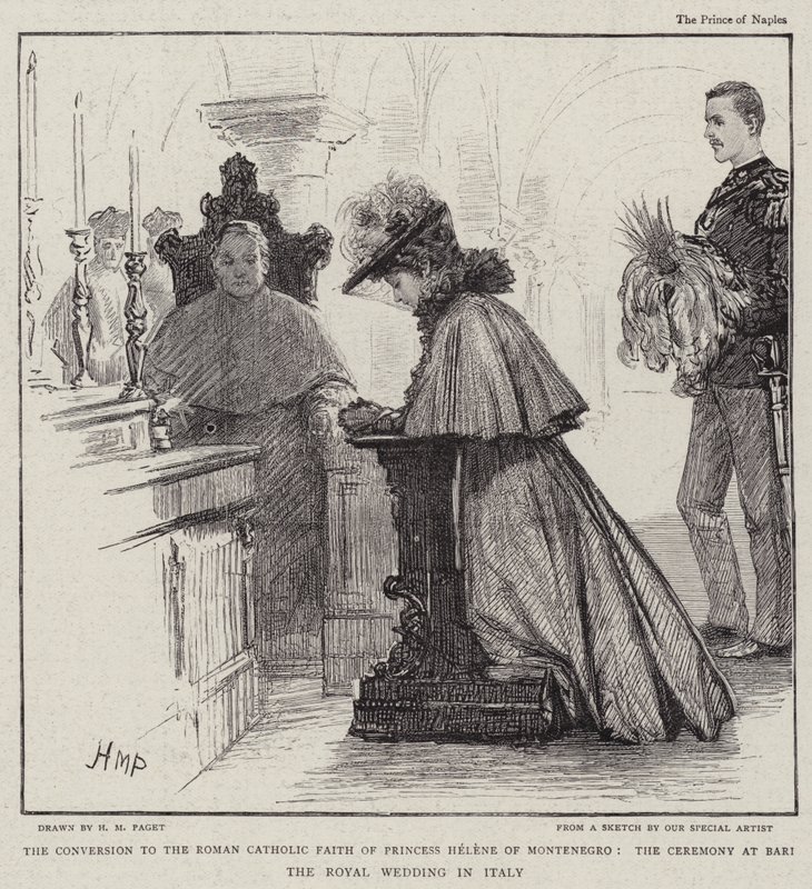 A conversão para a fé católica romana da princesa Helene de Montenegro, a cerimônia em Bari o casamento real na Itália de Henry Marriott Paget