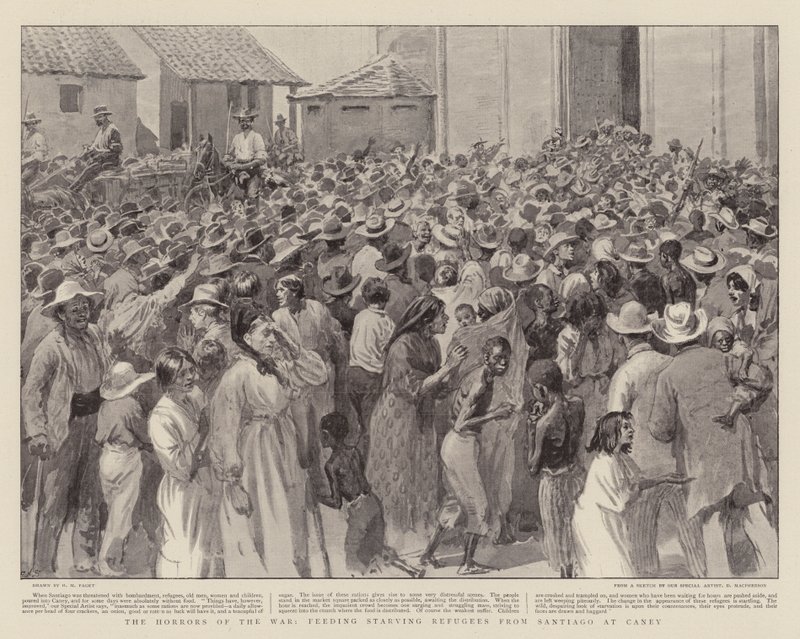 Os horrores da guerra, alimentando os refugiados famintos de Santiago em Caney de Henry Marriott Paget