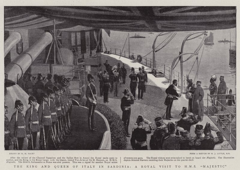 O rei e a rainha da Itália na Sardenha, uma visita real ao HMS Majestic de Henry Marriott Paget