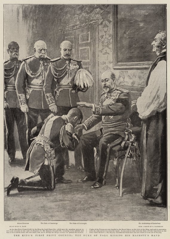 Primeiro Conselho Privado do Rei, o Duque de York beijando a mão de Sua Majestade de Henry Marriott Paget