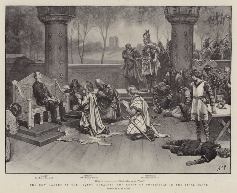O novo Hamlet no Lyceum Theatre, a entrada de Fortinbras na cena final de Henry Marriott Paget