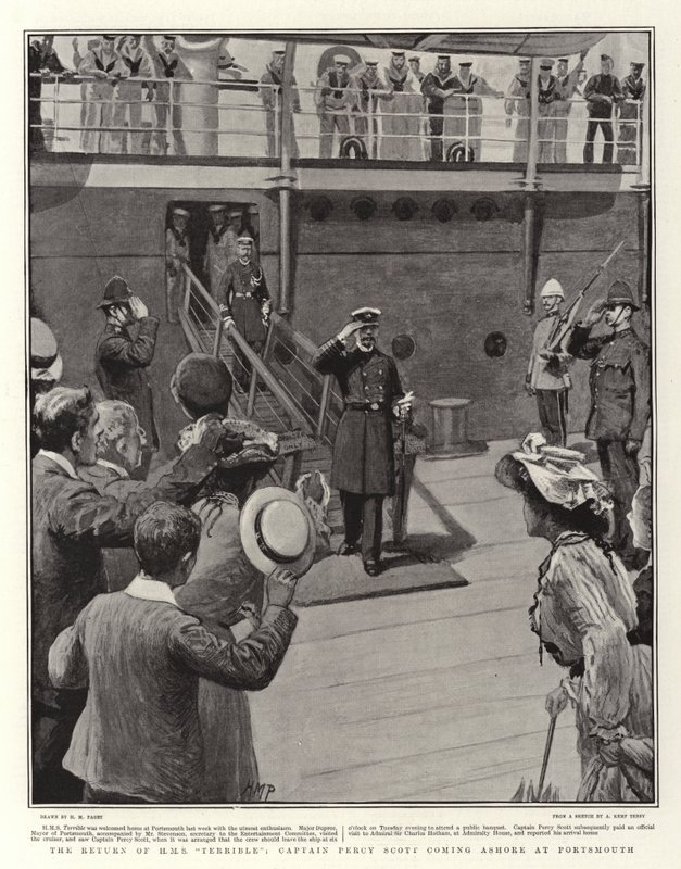 O retorno do HMS Terrible, o capitão Percy Scott chegando em terra em Portsmouth de Henry Marriott Paget