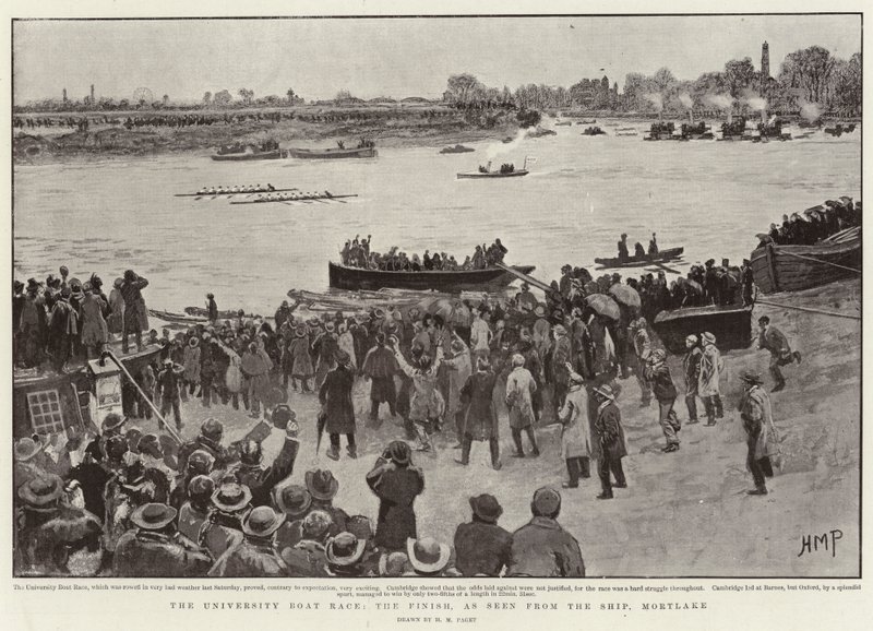 A corrida de barcos da universidade, o acabamento, visto do navio, Mortlake de Henry Marriott Paget