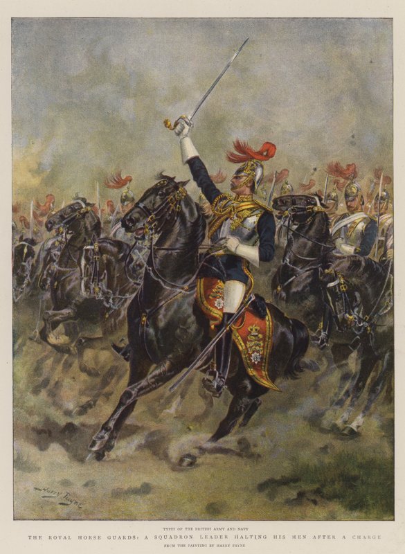 O Royal Horse Guards, um líder de esquadrão que detém seus homens depois de uma carga (cromolitho) de Henry Payne