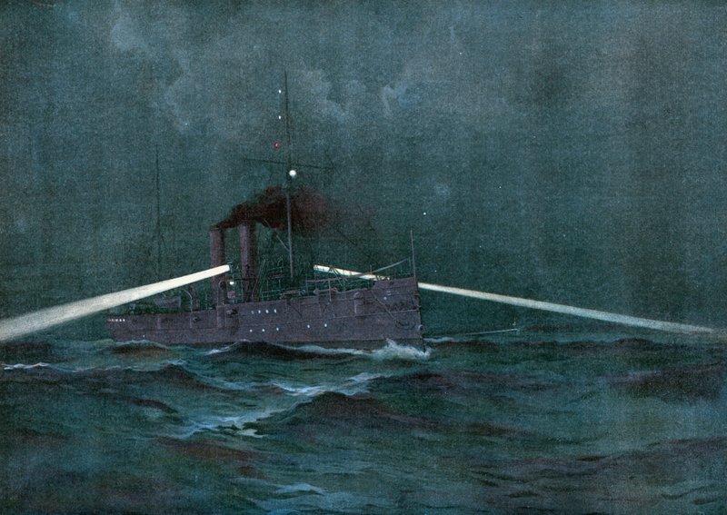 A aplicação das leis de neutralidade com a Espanha, o cruzador Montgomery e o gun-boat Annapolis patrulhando as águas cubanas em busca de uma escuna de Henry Reuterdahl
