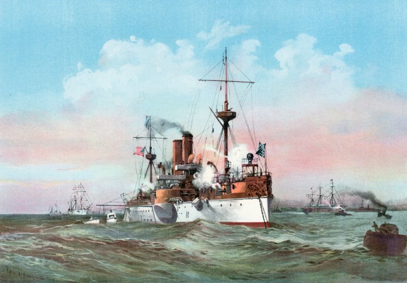 O Maine saudando o navio-bandeira espanhola ao chegar no porto de Havana de Henry Reuterdahl