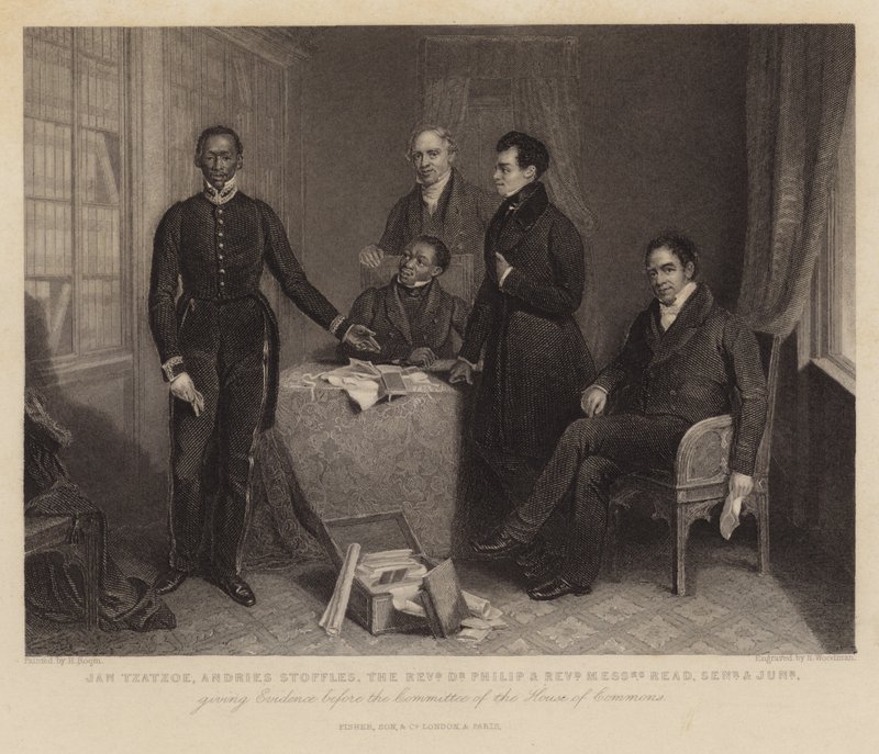 Jan Tzatzoe, Andries Stoffles, o reverendo Dr. Philip e o Reverendo Messrs Read, sênior e júnior, apresentando provas perante a comissão da Câmara dos Comuns de Henry Room