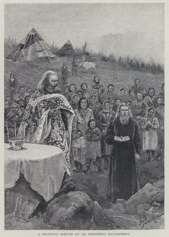 Um serviço religioso em um acampamento de Orozhanni (litho) de Henry Sandham