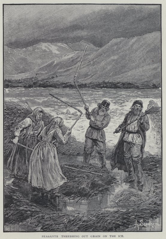 Camponeses debulhando os grãos no gelo (litho) de Henry Sandham