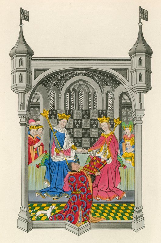 John Talbot, Conde de Shrewsbury, apresentando seu livro à Rainha Margarida, ilustração de "Vestidos e Decorações" de Henry G. Bohn de Henry Shaw