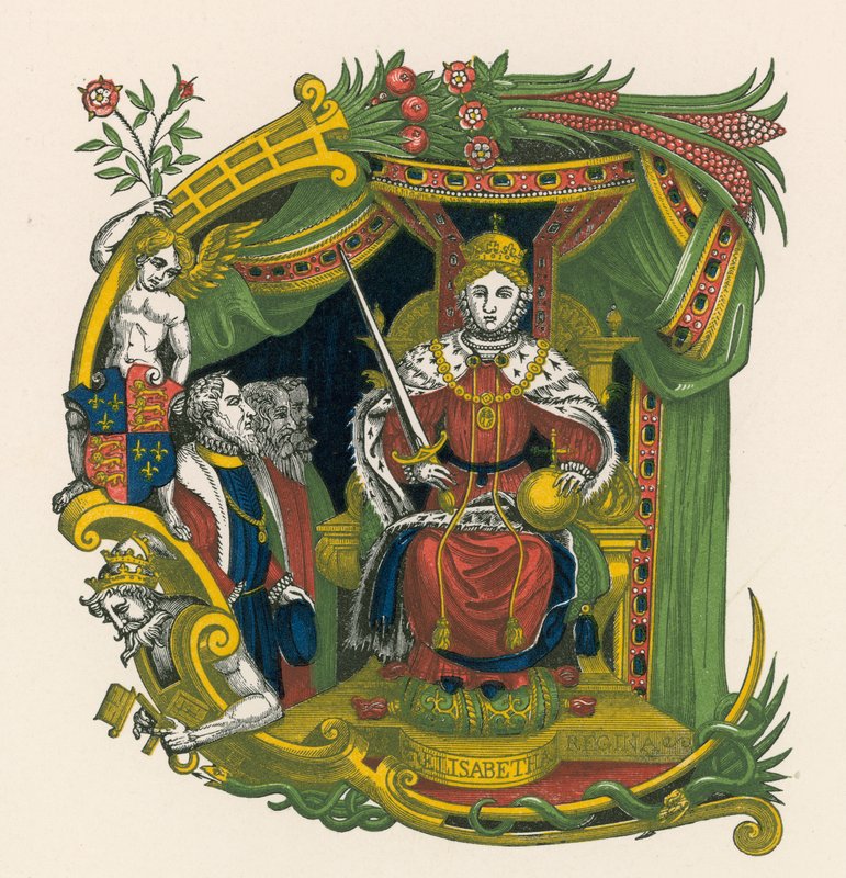Letra ornamental E, incorporando o retrato da rainha Elizabeth I de Henry Shaw