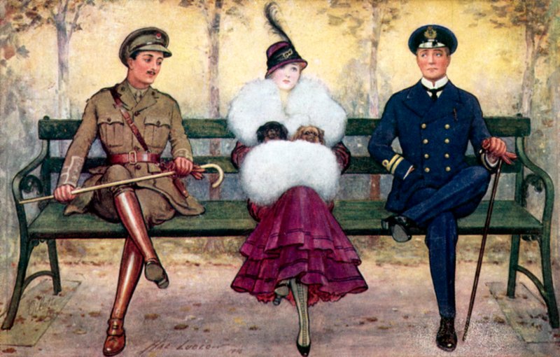 Menina no banco, com soldado e marinheiro de cada lado de Henry Stephen Ludlow