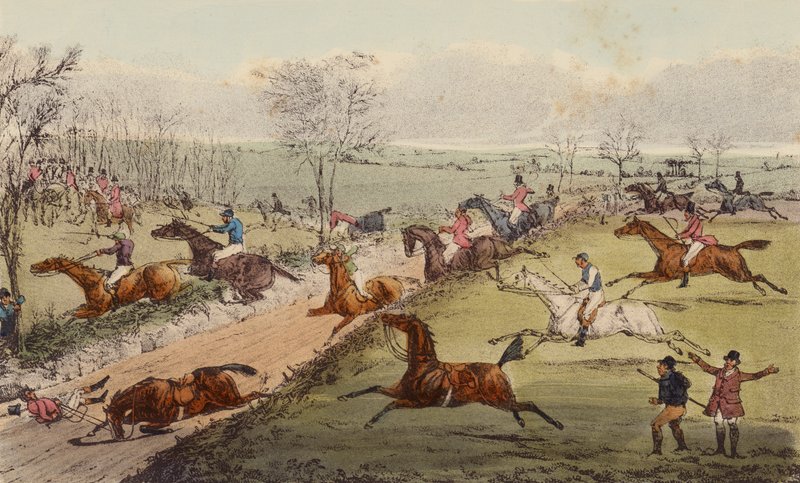 A Steeple-Chase, The Sunken Road (cor litho) de Henry Thomas (after) Alken