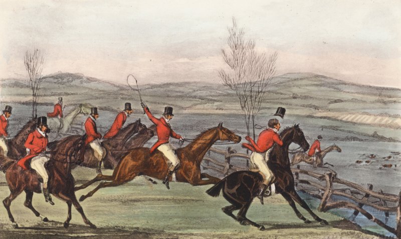 "Agora pela honra de Shropshire!" O Dia de Shavington; Um julgamento de matilhas rivais e, consequentemente, de cavaleiros rivais (litografia) de Henry Thomas (after) Alken