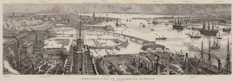 Vista aérea do porto de Portsmouth de Henry William Brewer