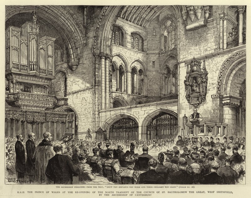 SAR, Príncipe de Gales, na reabertura do transepto norte da Igreja de São Bartolomeu, o Grande, em West Smithfield, pelo arcebispo de Canterbury de Henry William Brewer