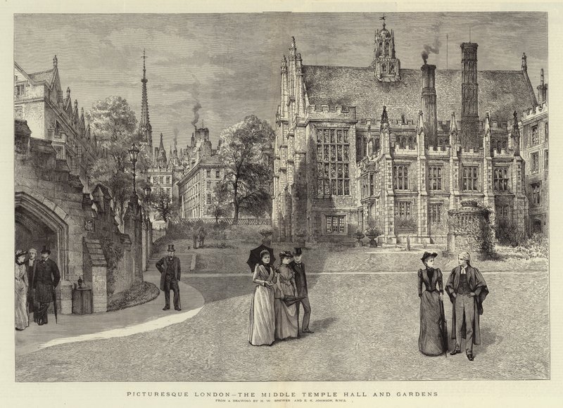 Pitoresca Londres, o Middle Temple Hall e Gardens de Henry William Brewer