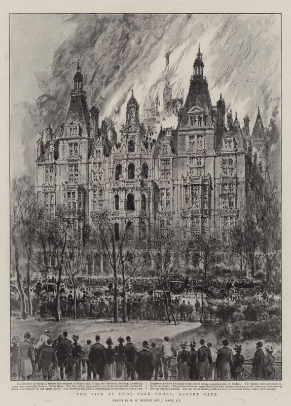 O incêndio no Hyde Park Court, Albert Gate de Henry William Brewer