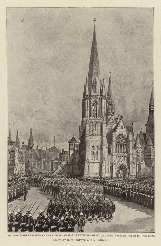 A procissão passando a Igreja do Reverendo Newman Hall (Igreja de Cristo) em Westminster Bridge Road de Henry William Brewer