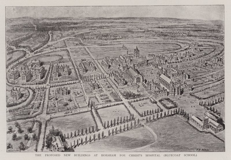 Os novos edifícios propostos em Horsham para o Hospital de Cristo, Escola Bluecoat de Henry William Brewer